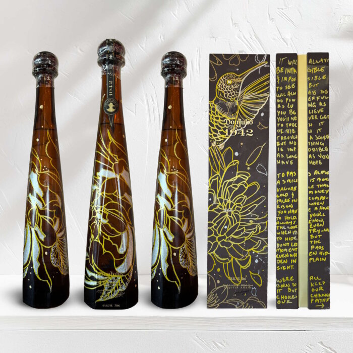 3 hand-painted tequila bottles from artist Bubba Irwin