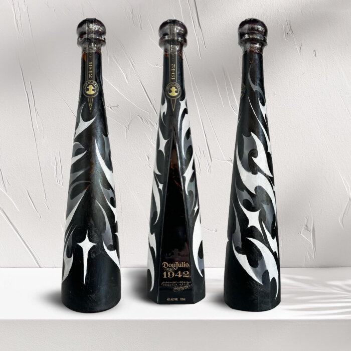 3 hand-painted tequila bottles from artist Tommy Lee