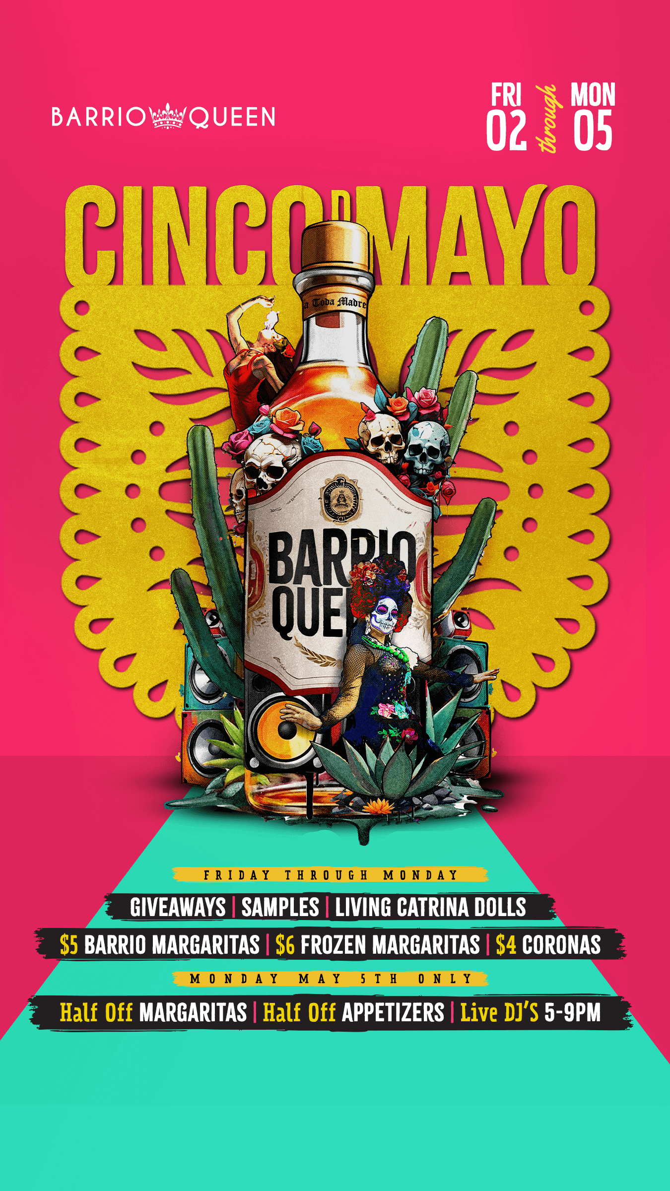 A list of food and drink specials available Friday May 2nd - Monday May 5th to celebrate Cinco de Mayo at Barrio Queen.