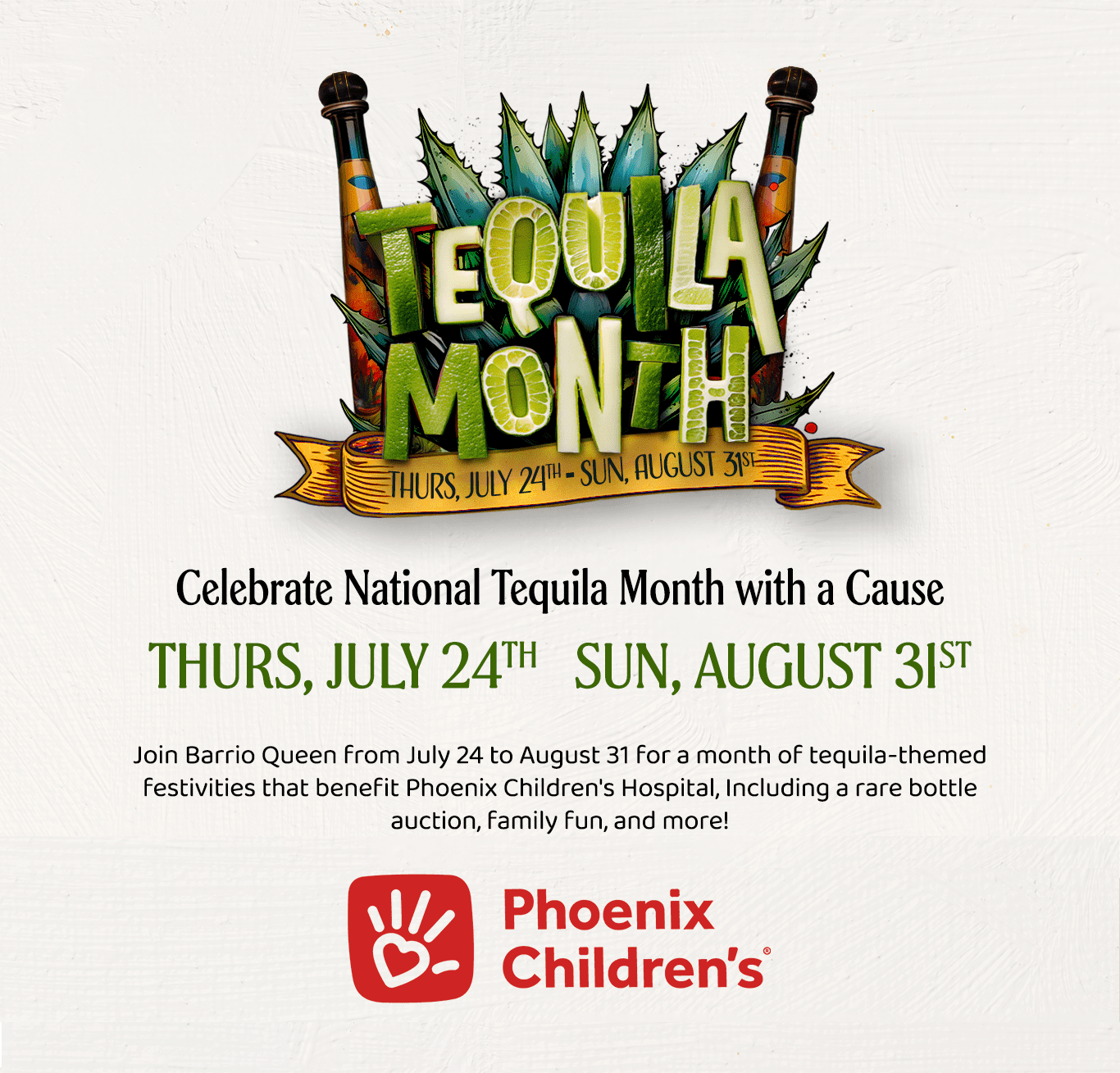 2025-barrio-queen-tequila-month-auction-tease A banner promoting National Tequila Month, July 24th - August 31st