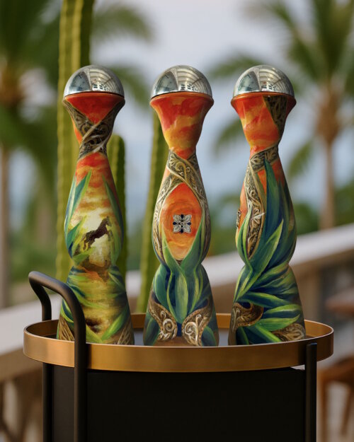 3 hand-painted tequila bottles from artist Camila Iberra/Camilla on Canvas