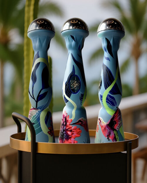 3 hand-painted tequila bottles from artist Liliana Mora