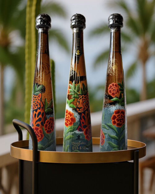 3 hand-painted tequila bottles from artist Lizzy Nilsen.