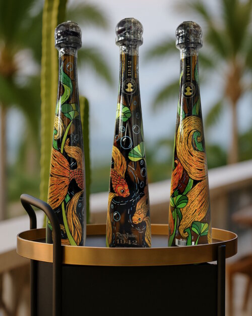 3 hand-painted tequila bottles from artist Moekoe 1.