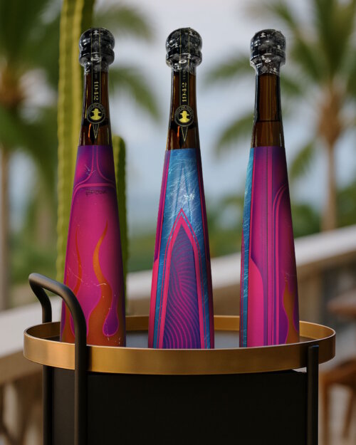 3 hand-painted tequila bottles from artist Spawk.