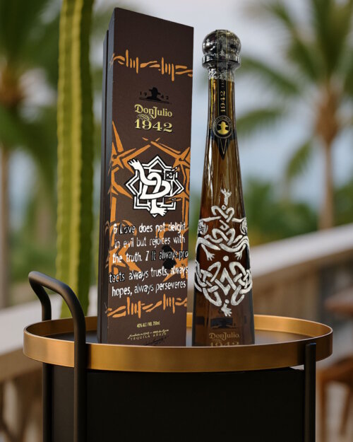 A decorative box and hand-painted tequila bottle from artist UntoldArts/Jaslyn