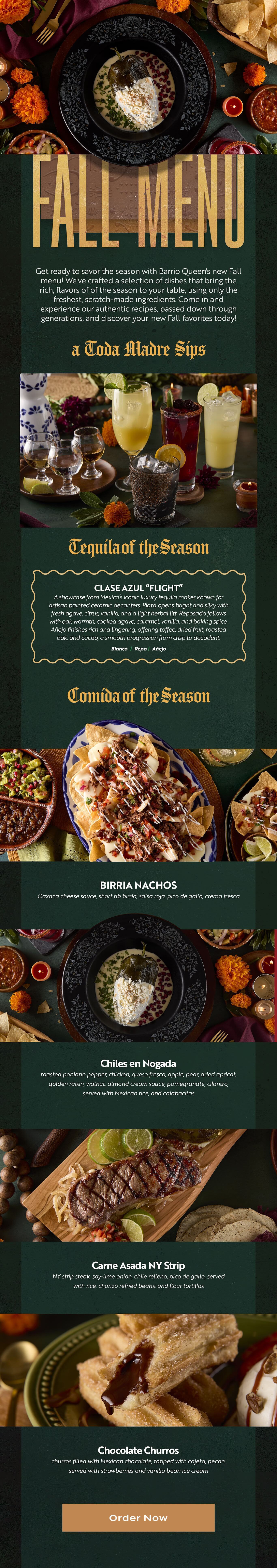A series of descriptions and images for Barrio Queen's new featured Winter menu