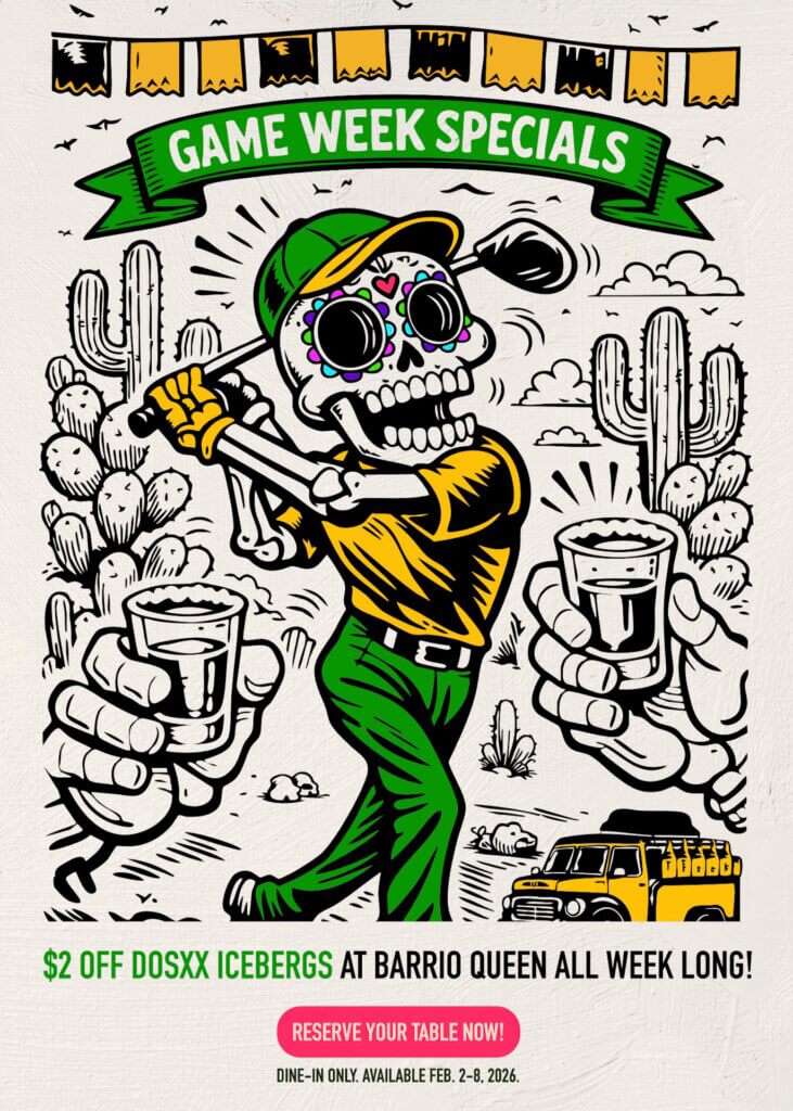 A golfing skeleton offering game week specials of $2 off Dos XX Icebergs