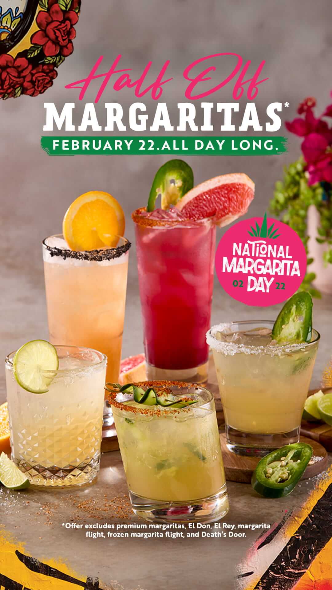 A variey of refreshing margaritas shown as part of Barrio Queen's National Margarita Day 50% off promotion.