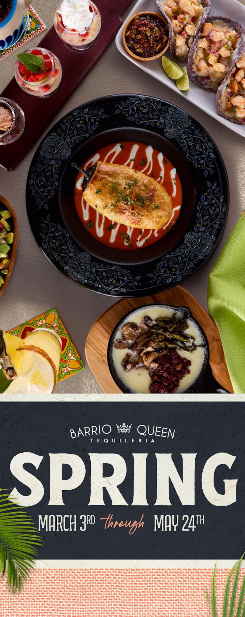 A selection of featured, seasonal items including Queso Fundido, Shrimp Tacos, Chicken Chile Rellenos and a flight of dessert options including tres leches, flan and churros.