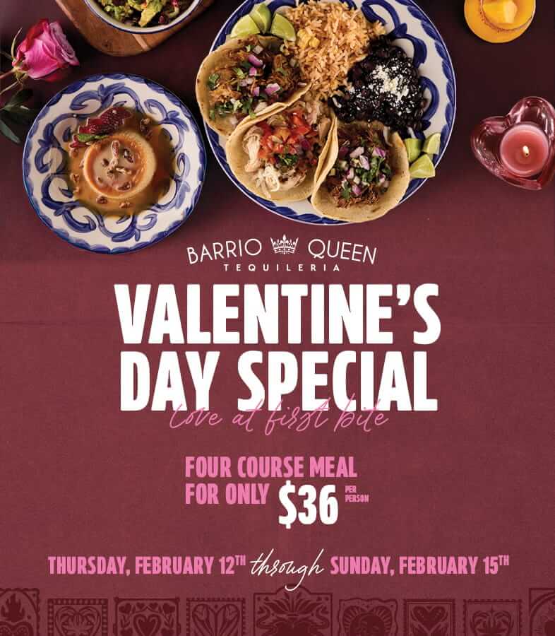 An assortment of delicious tacos and guacamole alongside heart-shaped candles to celebrate Barrio Queen's Valentine's Day Menu.